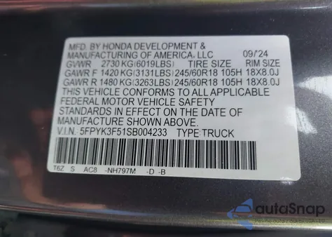 2025 Honda Ridgeline Rtl из США, поврежденный, VIN 5FPYK3F51SB004233